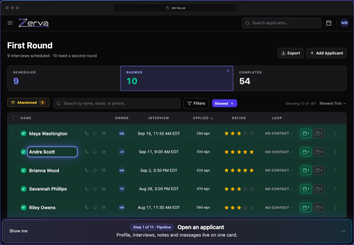 The Zerva live demo: the First Round list, with the guided tour's first step at the bottom.